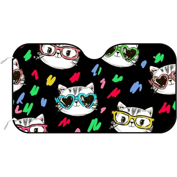 GZHJMY Car Front Windshield Sunshade UV Heat Protection, Foldable Auto Windshield Sun Visor for SUV Sedan Cute Cat with Glasses, Car Sunscreen Blocks UV Rays Heat 51x27.5inch Keep Vehicle Cool