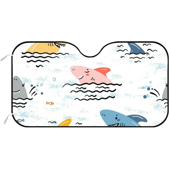GZHJMY Car Front Windshield Sunshade UV Heat Protection, Foldable Auto Windshield Sun Visor for SUV Sedan Doodling Cute Shark, Car Sunscreen Blocks UV Rays Heat 51x27.5inch Keep Vehicle Cool