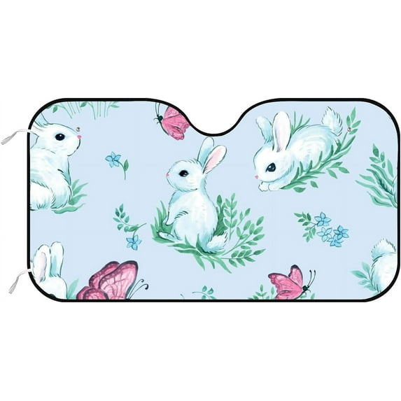 GZHJMY Car Front Windshield Sunshade UV Heat Protection, Foldable Auto Windshield Sun Visor for Sedan SUV Butterfly White Rabbit, Car Sunscreen Blocks UV Rays Heat 51x27.5inch Keep Vehicle Cool