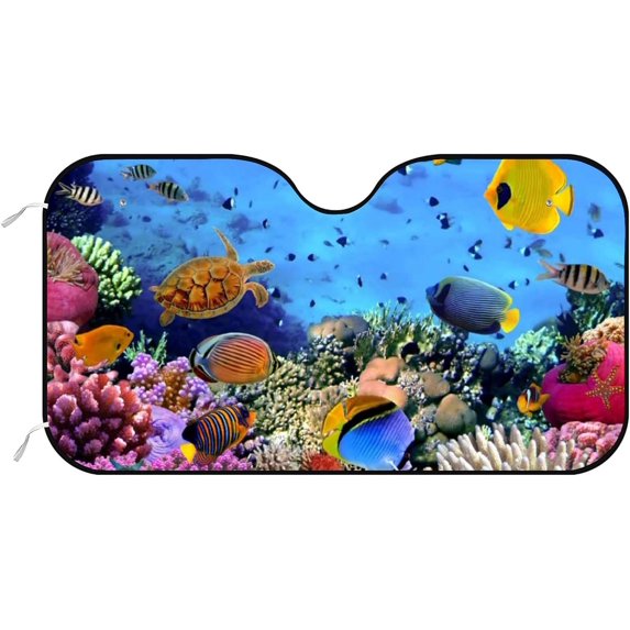 GZHJMY Car Front Windshield Sunshade UV Heat Protection, Foldable Auto Windshield Sun Visor for Sedan SUV Coral Fish and Turtles, Car Sunscreen Blocks UV Rays Heat 51x27.5inch Keep Vehicle Cool