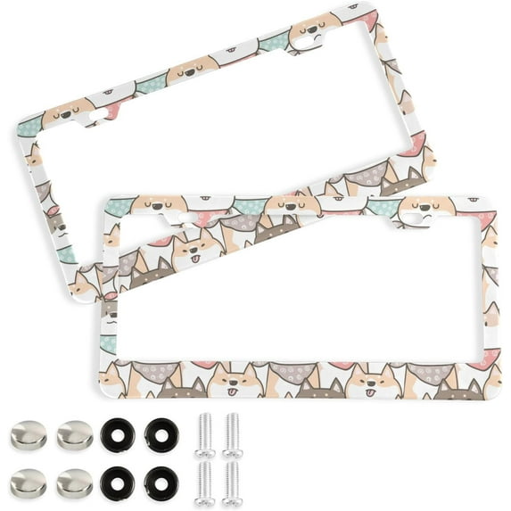 GZHJMY Cartoon Shiba Inu Dog Print Animal License Plate Frames for Women Men 2 Pcs Personalized Car License Plate Holder with Screw Caps, Round Hole Decorative