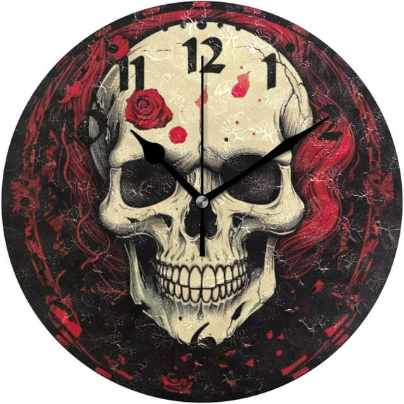 GZHJMY Cartoon Skull Red Wall Clock, Silent Non Ticking 10 Inch Battery Operated Wall Clocks, Easy to Read Clock for Home Kitchen Living Room Bathroom Office Decor