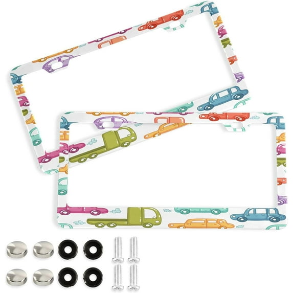 GZHJMY Cartoon Truck License Plate Frames Set of 2, Universal Aluminum License Plate Holders 2 Holes Car Tag Frames Automotive Exterior Accessories with Screw Caps Decorative