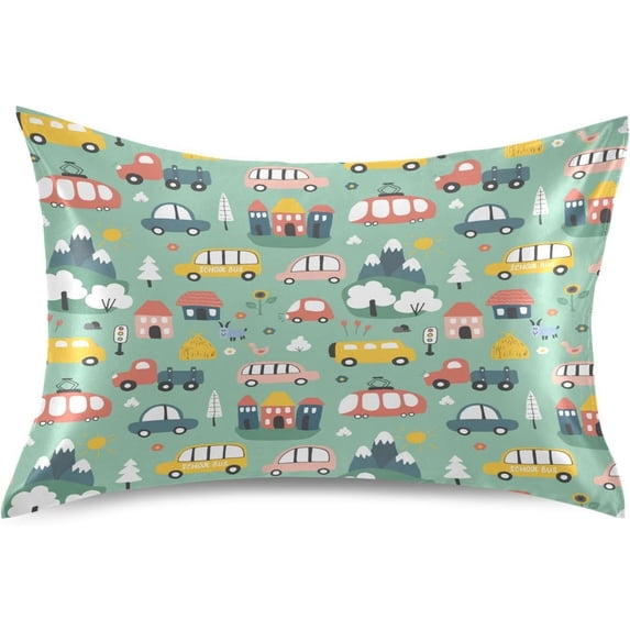 GZHJMY Cartoon Truck Satin Pillowcase, Soft Breathable Silk Pillow Case with Envelope Closure for Hair and Skin, Standard Size 26 x 20 Inch Home Decor