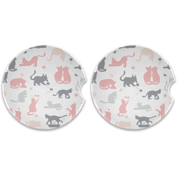 GZHJMY Cat Characters Car Coasters 2 Pieces, Absorbent Ceramic Cork Base Car Coasters, Drink Cup Holder Coasters, with Finger Notches, Easy to Remove and Clean