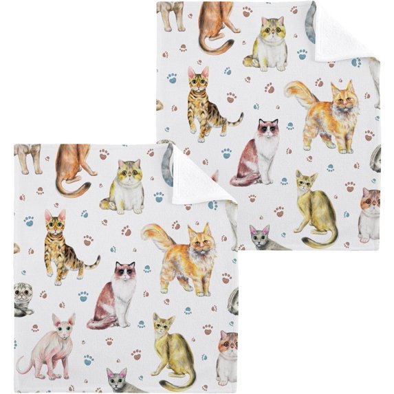 GZHJMY Cats and Footprints Wash Cloth Set of 2, 12 x 12 Inch Cotton Baby Washcloths Absorbent and Super Soft Feel Fingertip Towel Face Towels for Bathroom, Gym, Spa