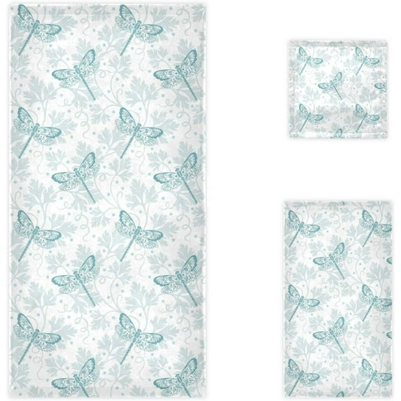 GZHJMY Chic Dragonfly and Parsley Floral Pattern Soft Luxury Decorative Set of 3 Towels, 1 Bath Towel+1 Hand Towel+1 Washcloth, Multipurpose for Bathroom, Hotel, Gym, Spa and Beach