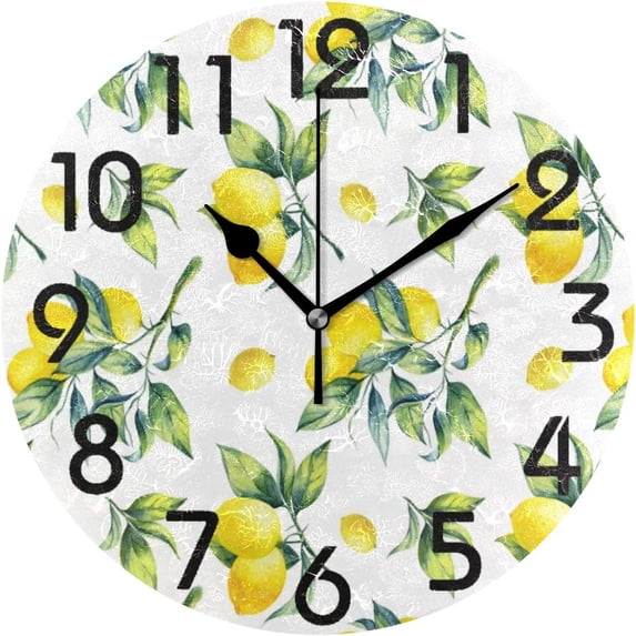 GZHJMY Chic Tropical Fresh Lemon Leaves Pattern Round Wall Clock, 9.5 Inch Battery Operated Quartz Analog Quiet Desk Clock for Home,Office,School