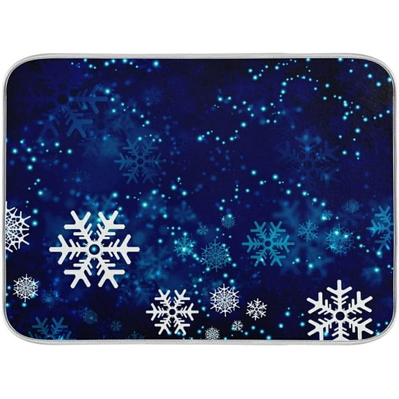 GZHJMY Christmas Dish Drying Mat New Year Snowflake Fantasy Galaxy Blue Microfiber Absorbent Drying Pad Heat Resistant Kitchen Countertop Island Protector Holiday Gift 16" × 18"