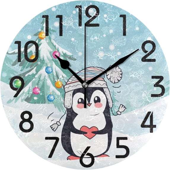 GZHJMY Christmas Dressed Penguin Snow Round Wall Clock, 9.5 Inch Battery Operated Quartz Analog Quiet Desk Clock for Home,Office,School,Kitchen