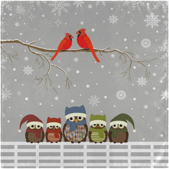 GZHJMY Christmas Fence Owl Family Cardinal Couple Bird On Tree Branch Cloth Napkins, Set of 6 20 x 20 Inch Soft Polyester Dinner Napkin for Family, Restaurant, Parties