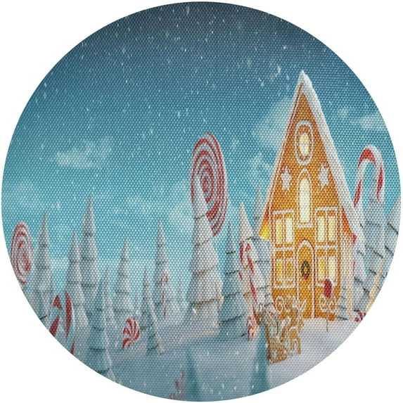 GZHJMY Christmas Gingerbread House Round Placemats Set of 6, Non-Slip PVC Table Mats Washable Heat Resistant Place Mats for Kitchen Dining Table Christmas Home Decor, 15.4 Inch Table Mat