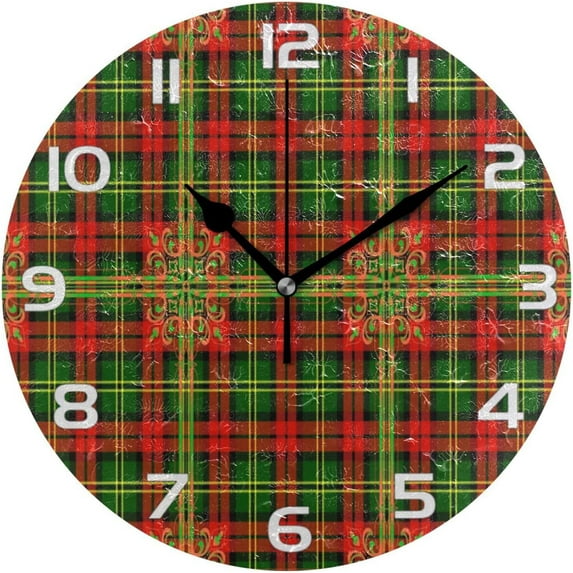GZHJMY Christmas Plaid Wall Clock, Silent Non Ticking Battery Operated Creative Decorative Round Clock for Kitchen, Living Room, Bathroom, Home School Office Decor, 10 Inch