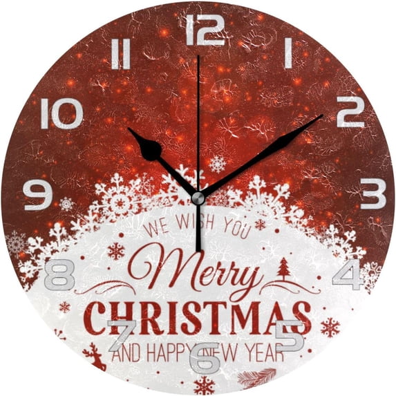 GZHJMY Christmas Red Snowflake Wall Clock, Silent Non Ticking Battery Operated Creative Decorative Round PVC Clock for Kitchen, Living Room, Bathroom, Home School Office Decor, 10 Inch