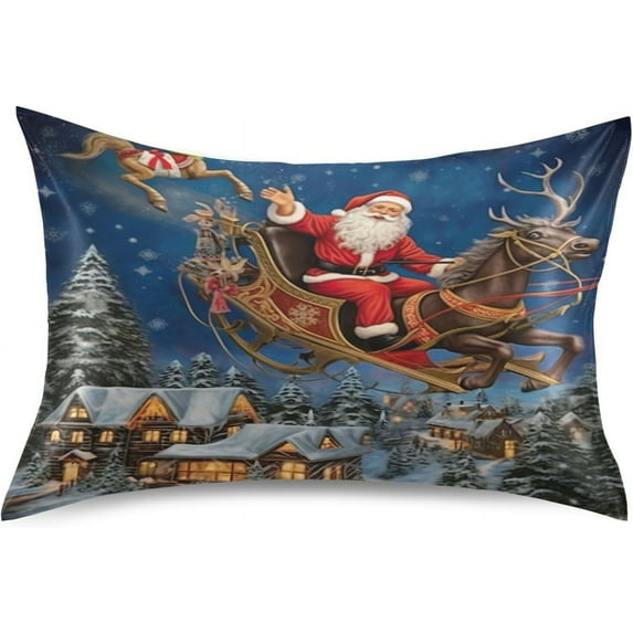 GZHJMY Christmas Santa Satin Pillowcase, Soft Breathable Silk Pillow Case with Envelope Closure for Hair and Skin, Standard Size 26 x 20 Inch Home Decor