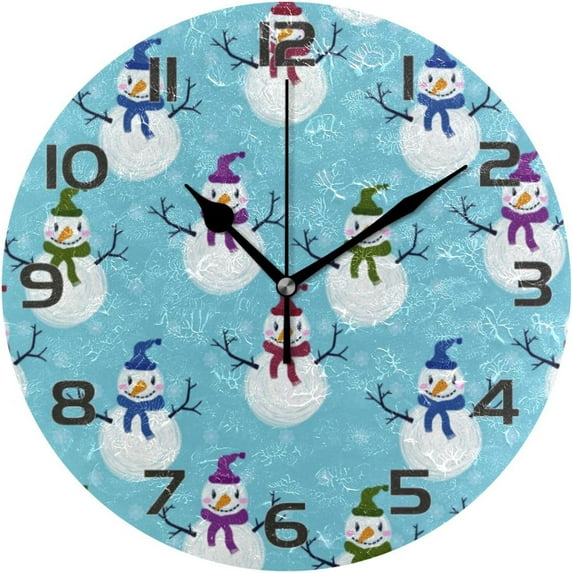 GZHJMY Christmas Snowman Wall Clock, Silent Non Ticking Battery Operated Creative Decorative Round PVC Clock for Kitchen, Living Room, Bathroom, Home School Office Decor, 10 Inch