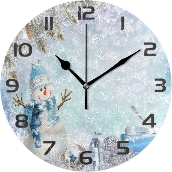GZHJMY Christmas Snowman Wall Clock, Silent Non Ticking Battery Operated Creative Decorative Round PVC Clock for Kitchen, Living Room, Bathroom, Home School Office Decor, 10 Inch