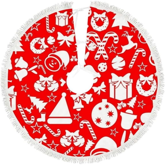 GZHJMY Christmas Symbols On Red Christmas Tree Skirt 36" for Indoor Outdoor Holiday Party Office Store Cupboard Decoration