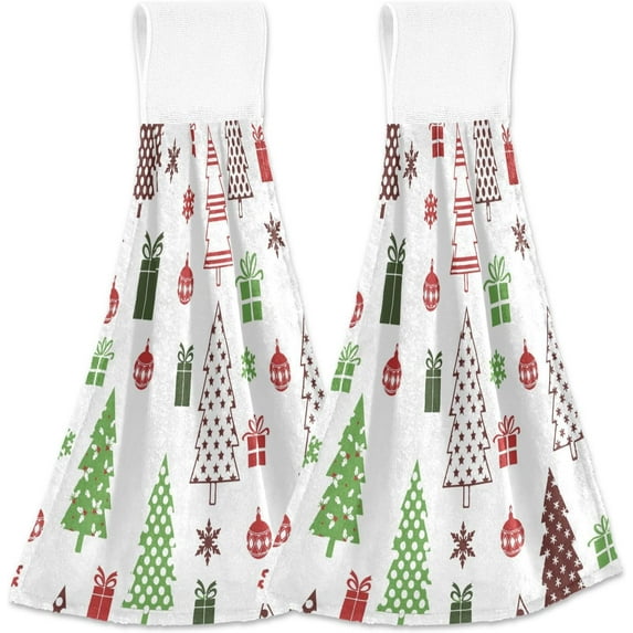 GZHJMY Christmas Tree Hanging Tie Towels Set of 2, Soft Absorbent Kitchen Hand Towels with Hanging Loops for Kitchen Bathroom Farmhouse Home Decor, 18.2 x 14 Inch Wash Cloths