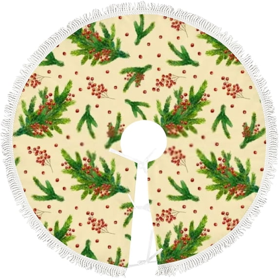 GZHJMY Christmas Tree Skirt, 30" Xmas Tree Skirts Watercolor Christmas Fir Branches and Berries Christmas Tree Mat for Christmas Holiday Party Ornaments