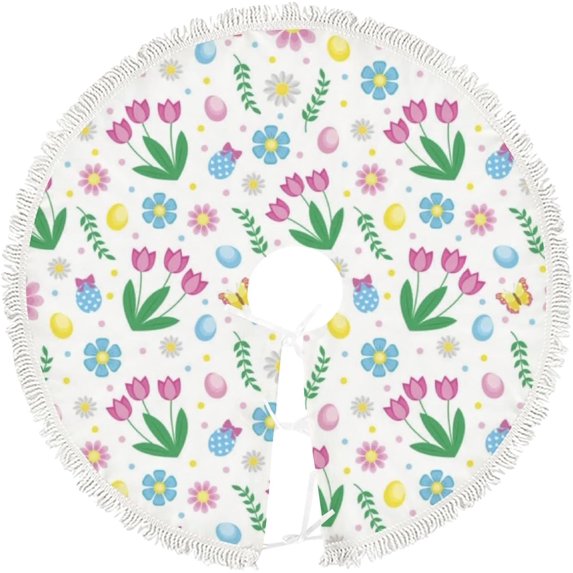 GZHJMY Christmas Tree Skirt Easter Flowers and Eggs Xmas Large Tree Skirt 48in Chriatmas Tree Mat for New Year Holiday Party Decor with Tassel