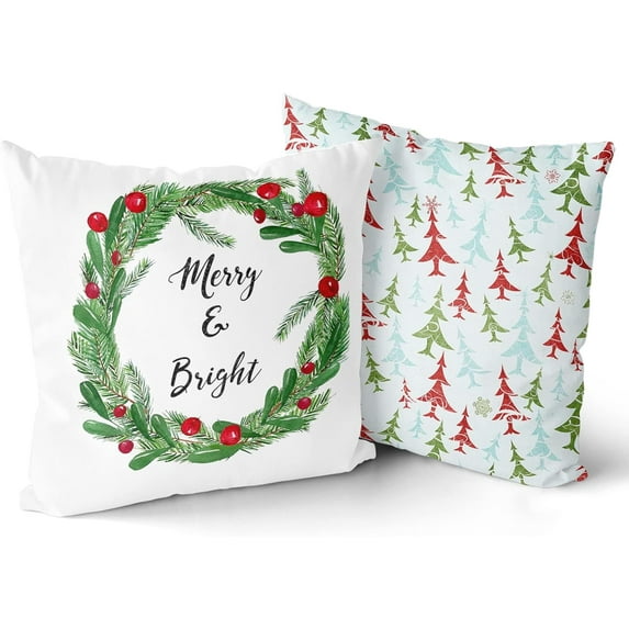 GZHJMY Christmas Wreath Throw Pillow Cover Set of 2 Colorful Christmas Tree Pillow Cases for Couch Bed Home 18x18 Inch