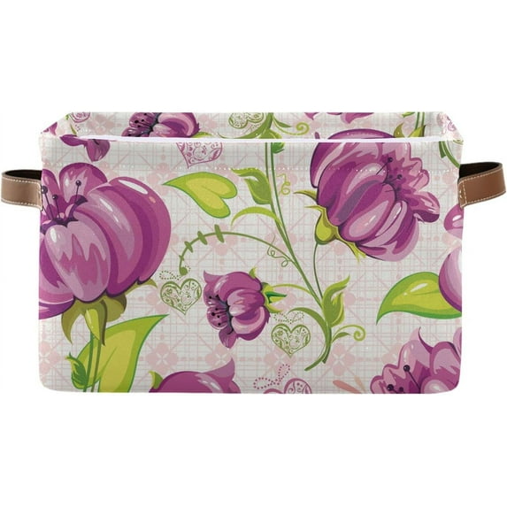 GZHJMY Collapsible Storage Basket Purple Flowers and Love Rectangular Storage Bins Baskets Toys Storage Bins with Handles for Bedroom Home Office 2PCS