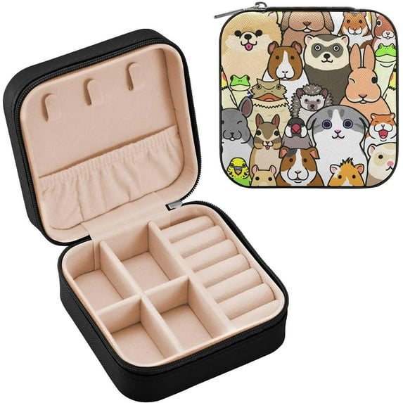 GZHJMY Colorful Animals Faces Travel Jewelry Box, PU Leather Small Jewelry Organizer Boxes for Women Girls, Mini Portable Jewerly Storage Display Holder for Earrings, Ring, Necklaces, Bracelets（317）