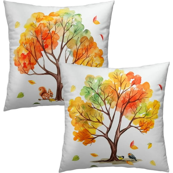 GZHJMY Colorful Autumn Tree Pillow Covers - Fall Color Throw Pillow Cases 16x16 Inch Leaves Pillowcases Set of 2 Squirrel Cushion Covers for Home Couch Bedroom Outdoor