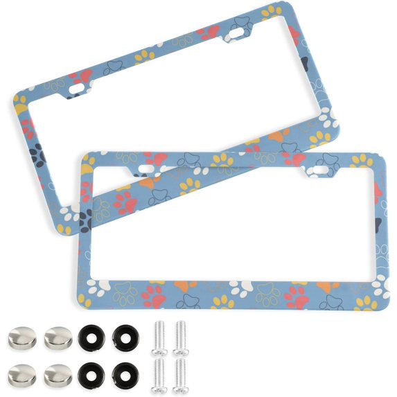GZHJMY Colorful Dog Paw Print License Plate Frames for Women Men 2 Pcs Personalized Car License Plate Holder with Screw Caps, Elliptical Hole Decorative
