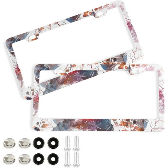 GZHJMY Colorful Feather License Plate Frames Set of 2, Universal Aluminum License Plate Holders 2 Holes Car Tag Frames Automotive Exterior Accessories with Screw Caps Decorative