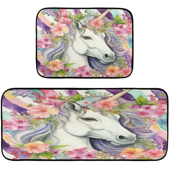 GZHJMY Colorful Flowers Unicorn Kitchen Mats 2 PCS,Anti-Fatigue Non Slip Kitchen Rugs Comfort Standing Mat for Kitchen Floor,Home, Office, Sink, Laundry Carpet Runner