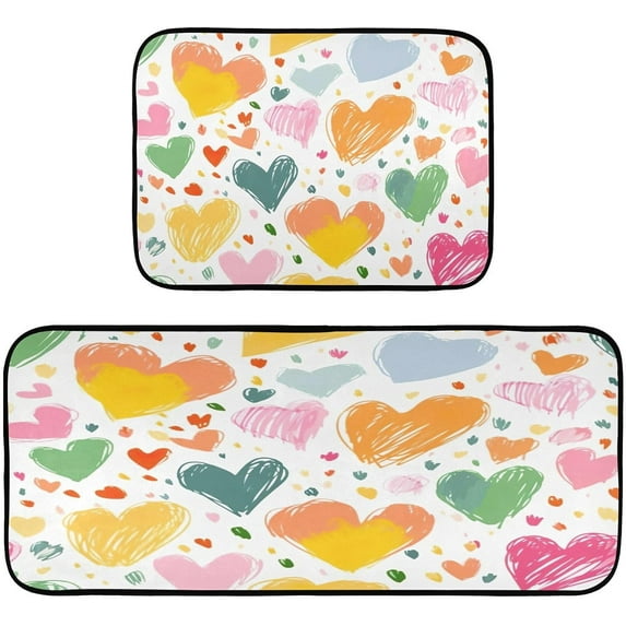 GZHJMY Colorful Hearts Kitchen Rug Set of 2 Non Slip Washable Cushioned Anti-Fatigue Kitchen Mat Comfort Standing Floor Mat for Kitchen Washroom Bedroom Carpet Runner