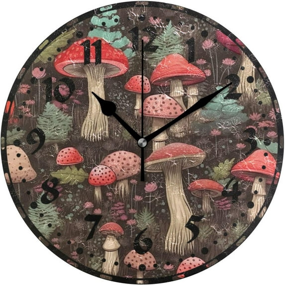 GZHJMY Colorful Mushrooms Wall Clock, PVC Silent Non Ticking 10 Inch Battery Operated Wall Clocks, Easy to Read Clock for Home Kitchen Living Room Bathroom Office Decor