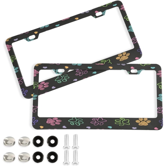 GZHJMY Colorful Paw License Plate Frames Set of 2, Universal Aluminum License Plate Holders 2 Holes Car Tag Frames Automotive Exterior Accessories with Screw Caps Decorative