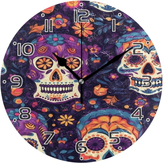 GZHJMY Colorful Skulls Clock Silent Round PVC Wall Clock Non Ticking Battery Device Clocks Creative Decoration Wall Clock for Living Room Bedroom Office Kitchen