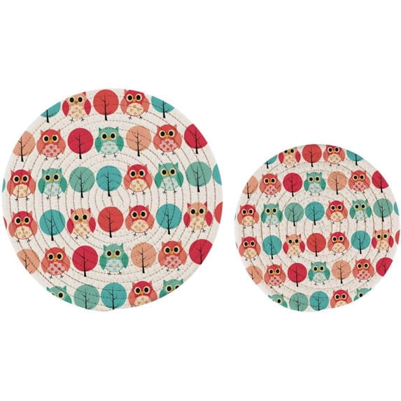 GZHJMY Cotton Fresh Colors Owls Tree Pattern 2 Pcs Woven Pot Holder Trivets Set,Round Coasters Placemat for Cooking Baking Hot Dish Pan Pot Bowl Teapot(7/9 Inches)
