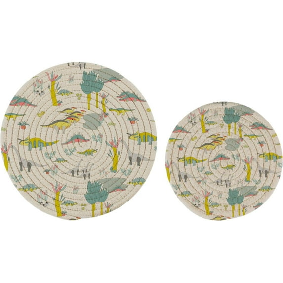GZHJMY Cotton Hand Drawn Dinosaurs 2 Pcs Woven Pot Holder Trivets Set,Round Coasters Placemat for Cooking Baking Hot Dish Pan Pot Bowl Teapot(7/9 Inches)