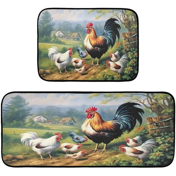 GZHJMY Country Rooster Kitchen Rug Set of 2 Non Slip Washable Cushioned Anti-Fatigue Kitchen Mat Comfort Standing Floor Mat for Kitchen Washroom Bedroom Carpet Runner