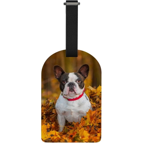 GZHJMY Cute Bulldog with Autumn Leave Luggage Tags 1 Piece, PU Leather Travel ID Label with Privacy Name Card Cover for Travel Bag Suitcase Decoration