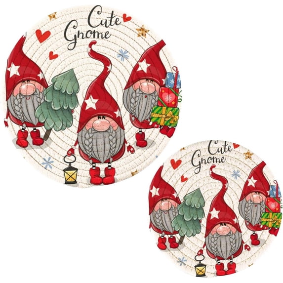 GZHJMY Cute Cartoon Gnomes Trivets Pot Holders Set of 2, Hot Pads, Table Mats,Placemats Set for Cooking and Baking, Cotton Braided Hot Pads, 7.09"+9.45"