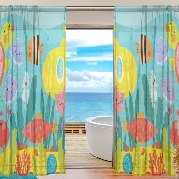 GZHJMY Cute Cartoon Sea Life Fish Sheer Curtains Window Voile Panels Drapes Tulle Curtains Semi Sheer Curtains 78 Inches Long for Living Room Bedroom, Set of 2 Home Decor