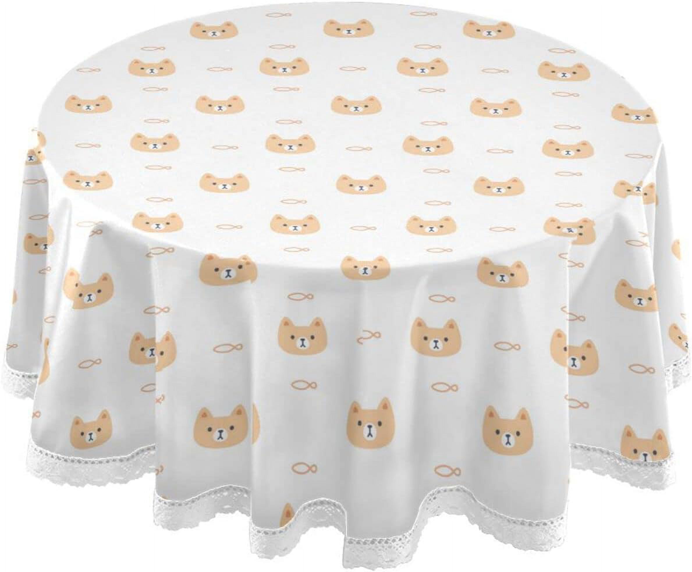 GZHJMY Cute Cat and Fish Tablecloth 60 Inch Round Tablecloths Washable Polyester Fabric Table