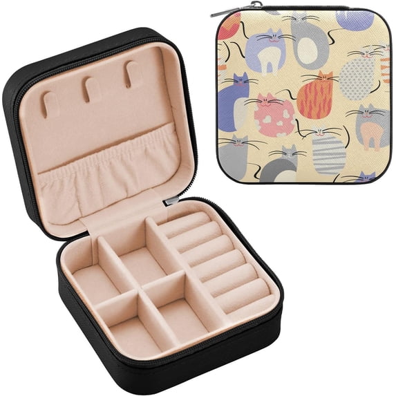 GZHJMY Cute Cats Fat Cartoon Travel Jewelry Box, PU Leather Small Jewelry Organizer Boxes for Women Girls, Mini Portable Jewerly Storage Display Holder for Earrings, Ring, Necklaces, Bracelets(159)