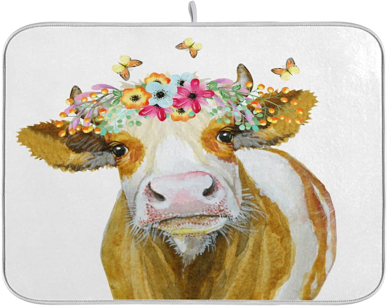 GZHJMY Cute Cow With Flowers Wreath Butterfly Absorbent Dish Drying Mat ...