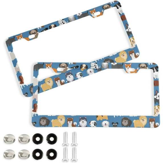 GZHJMY Cute Dog and Puppy License Plate Frames for Women Men 2 Pcs Personalized Car License Plate Holder with Screw Caps, Round Hole Decorative