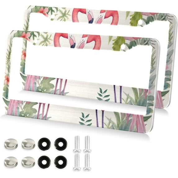 GZHJMY Cute Flamingos License Plate Frames 2 Pack Aluminum License Plate Holder Universal Car License Plate Covers with Screw Caps Decorative