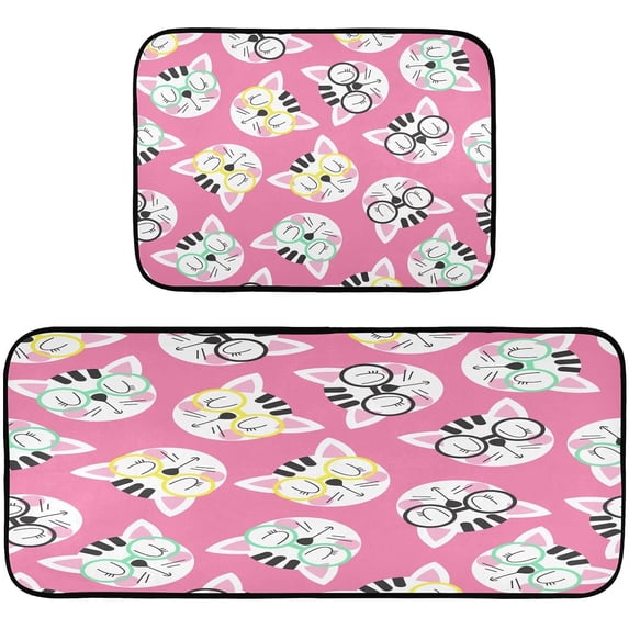 GZHJMY Cute Glasses Cat Kitchen Mat - Cushioned Anti Fatigue Kitchen Rug Set of 2, Non Slip Waterproof Kitchen Mats for Kitchen, Laundry, Sink, Office 19.7"×27.6"+19.7"×47.2" Carpet Runner