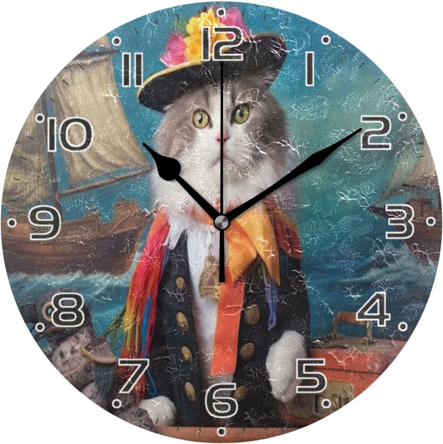 GZHJMY Cute Pirate Cat Clock Silent Round PVC Wall Clock Non Ticking ...