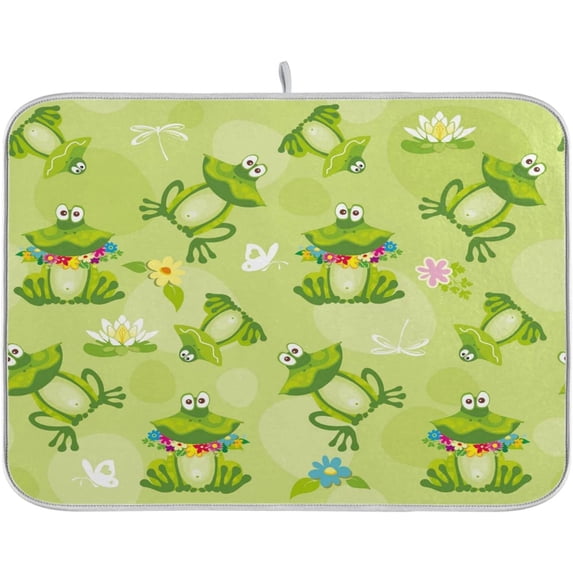 GZHJMY Cute Pond Frog Dragonfly Butterfly Absorbent Dish Drying Mat Microfiber Kitchen Countertop Table Protector Multi-Purpose Counter Rack Sink Drainer Pad (16 x 18 Inches,Green)